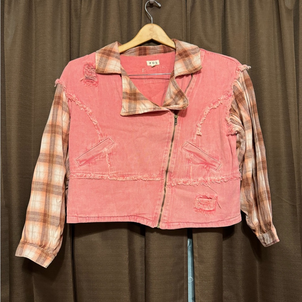 Pol Pink Plaid Accent Denim Jacket with Distressing, Size S